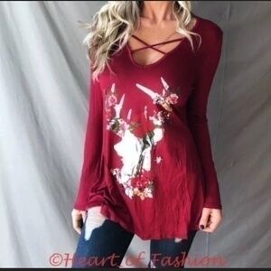 Criss Cross V-Neck Long Sleeve Holiday Christmas Graphic Top Tunic Shirt